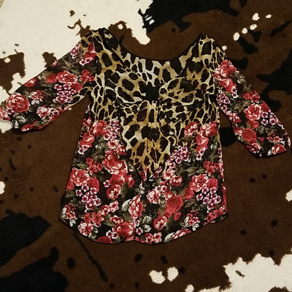 Sheer floral and leopard print top